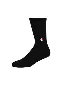 All Socks: Boys Black Crew Sock - White/Red Logo