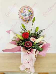 New born Baby Gift Arrangement - Flowers, Soft Toy and Balloon Combo