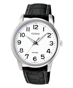 Gents Watch: CASIO WATCH MENS ANALOG CLASSIC 50M WR, NUMBER DIAL, LEATHER STRAP BLK & WHT