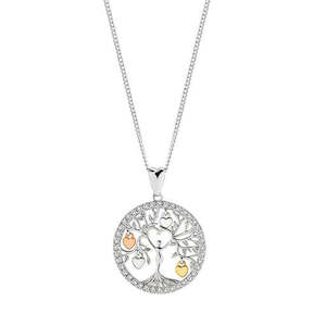 Necklaces: STG SILVER WHITE CZ TREE OF LIFE PENDANT WITH GOLD PLATED HEARTS + CHAIN 45CM