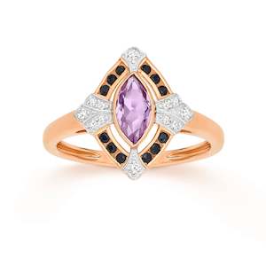 9k Rg Diamond Pink Amethyst & Black Sapphire Ring