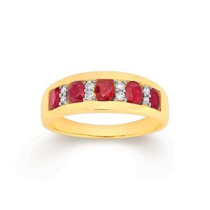 Coloured Gems Rings: 9K YELLOW GOLD RUBY & DIAMOND ANNIVERSARY RING