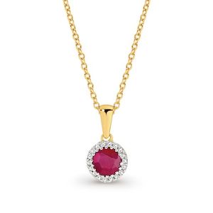 Coloured Gems Pendants: 9K YELLOW GOLD RUBY & DIAMOND PENDANT (CHAIN EXCLUED)