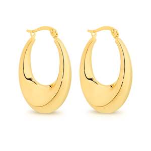 Plain Gold Earrings: 9K YELLOW GOLD SILVER BONDED OVAL HOOP EARRINGS