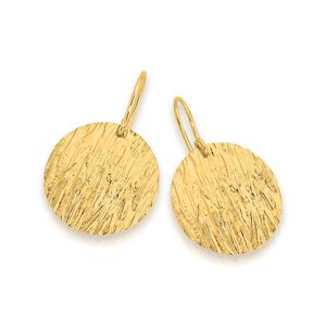 Plain Gold Earrings: 9K YELLOW GOLD & SILVER BONDED PATTERNED ROUND PLATE DROP EARRINGS