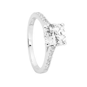 Silver Rings: ELLANI STG SILVER WHITE CZ SOLITAIR RING WITH CZ SHOULDERS