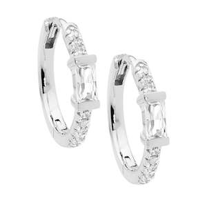 Silver Earrings: SS WH CZ 16MM HOOP EARRINGS W/ WHITE BAGUETTE CZ