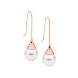 STAINLESS STEEL LONG DROP EARRINGS W/ SHELL PEARL & ROSE GOL IP PLATING