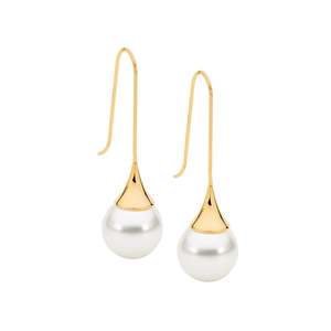 STAINLESS STEEL LONG DROP EARRINGS W/ SHELL PEARL & GOL IP PLATING