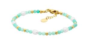 Bracelets: STAINLESS STEEL AMAZONITE & FRESHWATER PEARL 17.5CM BRACELET WIH GOLD IP PLATED