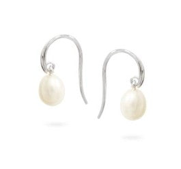 Coloured Gems Earrings: STG SWINGING HOOK WITH FWP 7-7.5MM WHITE DROP PEARL EARRINGS
