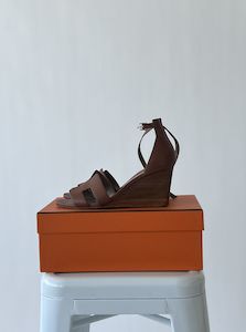 Hermes: HERMES Calfskin Legend Wedge Sandals
