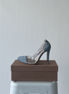 Gianvito Rossi: Gianvito Rossi Light Blue Denim and PVC Plexi Pumps - FULL SET