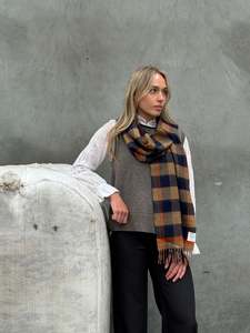 Block Check Navy & Orange 100% Merino Scarf