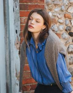 Harley Fairisle Knitwear: Brora Silk Cotton Frill Collar Shirt - China Blue