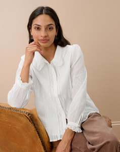 Harley Fairisle Knitwear: Brora Organic Cotton Lace Trim Blouse - White