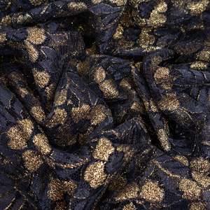 Polyester: Fine Corded Floral Lurex Lace Deadstock - Navy & Gold