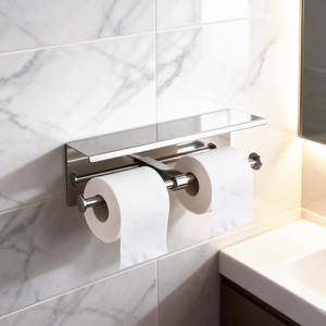 Wall-Mounted Toilet Roll Holder with Shelf, 304 Steel Rack