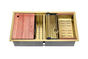 Kitchen Sinks: 830mm Gold Double Bowl Workstation Kitchen Sink Dual Mount