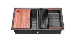 Kitchen Sinks: 830mm Black Double Bowl Workstation Kitchen Sink Dual Mount