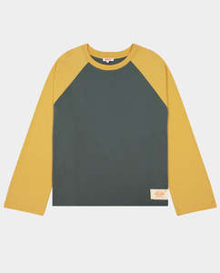 Short Sleeve Tees: Checks Downtown - Crew Raglan Jersey - Charcoal/Mustard