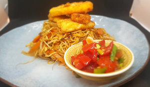 Products: Crumbed Halloumi with Vegetable Chow Mein, Tomato salsa