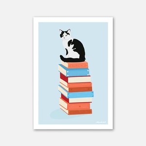 For Humans: Cat Art Print - Book Stack Cat
