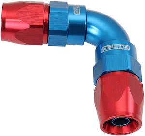Hose Fittings: Aeroflow 590 Series PTFE 90° Dual Hose Ends -6AN Blue/Red Finish. Suits 200 & 250 Series Hose (AF593-06-06D)