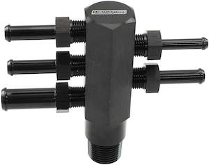 Hose Fittings: Aeroflow 3/8" NPT Aluminium Vacuum Tree - Black Finish 1 x 3/16", 3 x 1/4", 1 x 3/8" Barbs Included (AF458-06BLK)