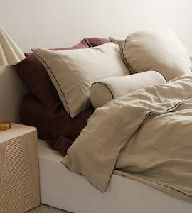 Bed Linen: 100% French Flax Linen Piped Duvet Set I Natural Oat/Black