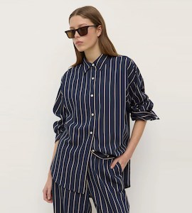 Shirts: Assembly Label | Colleen Stripe Long Sleeve Shirt | Navy/Tan Stripe