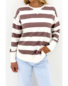 Hoodies & Crews: Foxwood Striped Delilah Crew - Mocha