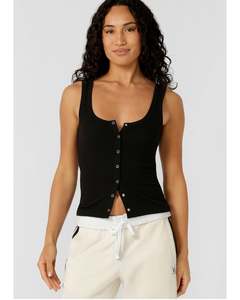 Lorna Jane Retro Snap Button Rib Tank - Black