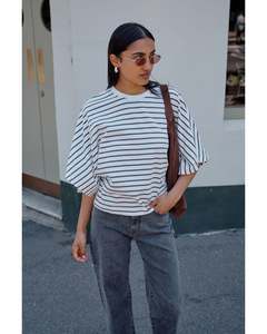 Ceres Life Lucy Relaxed Sleeve Tee - Vanilla Fine Stripe
