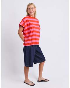 Tee Shirts: Elm Poet Tee - Tangello/Pink Stripe