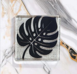 NZ Made Glass Coaster Monstera Black - Single in display box