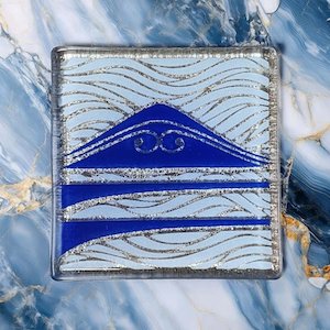 NZ Made Glass Coaster Te Maunga - Blue/Wht - Single in display box