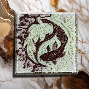 NZ Made Glass Coaster Koi Balance - Brown/Lemon - Single in display box