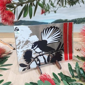 NZ Made Glass Platter/Plate - Fantail Piwakawaka/Pohutukawa - Blk/Wht/Red w/stand