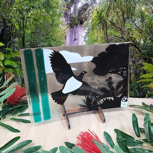 NZ Made Glass Platter/Plate - Native Wood Pigeon Kereru/Kauri - Blk/Wht/Teal w/stand
