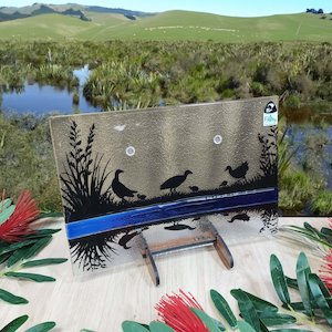 NZ Made Glass Platter/Plate - Reflections Pukekos - Blue w/stand