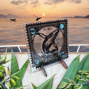 NZ Made Glass Paua Platter/Plate - Stamped Whale - w/stand