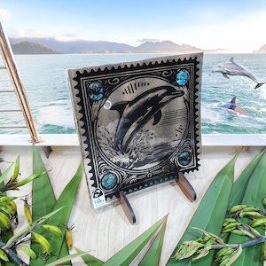 NZ Made Glass Paua Platter/Plate - Stamped Dolphin - w/stand