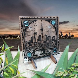 NZ Made Glass Paua Platter/Plate - Stamped Auckland - w/stand