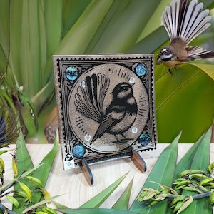 NZ Made Glass Paua Platter/Plate - Stamped Fantail Piwakawaka - w/stand