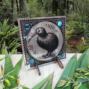 NZ Made Glass Paua Platter/Plate - Stamped Kiwi - w/stand