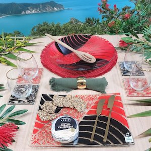 Contemporary Range: NZ Made Glass Tableware Set Kowhaiwhai - Blk/Red - 6p