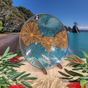 Contemporary Range: NZ Made Glass Bowl Kina 310mm - Teal/Terracotta w/stand