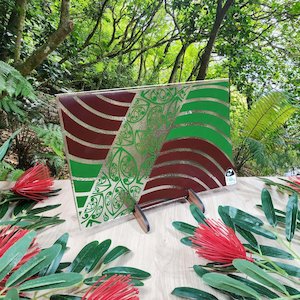 Legacy Series: NZ Made Glass Platter/Plate Kowhaiwhai - Green/Brown w/stand