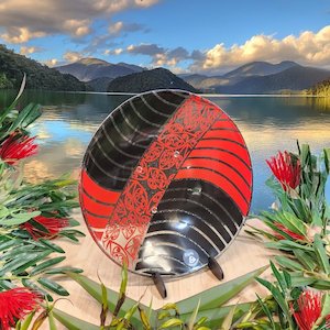 Legacy Series: NZ Made Glass Bowl Kowhaiwhai 310mm - Red/Blk w/stand